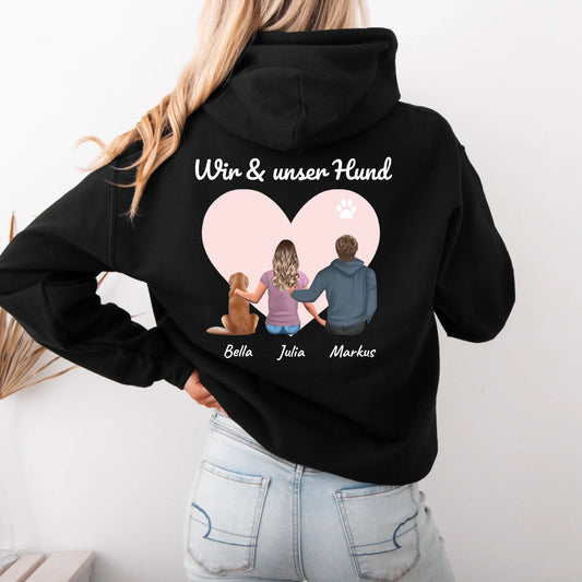 Personalisierter Hoodie „Wir & unser Hund“ – Rückendruck mit Figuren von hinten, Schwarz