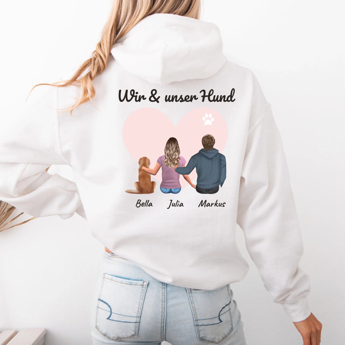 Personalisierter Hoodie „Wir & unser Hund“ – Rückendruck mit Figuren von hinten, Weiß