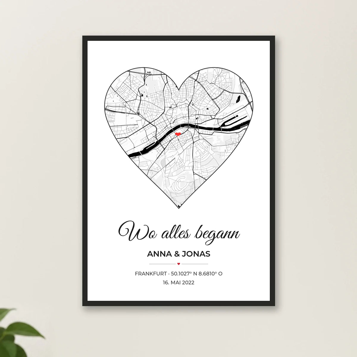 Wo alles begann Poster personalisiert – im schwarzen Rahmen an heller Wand