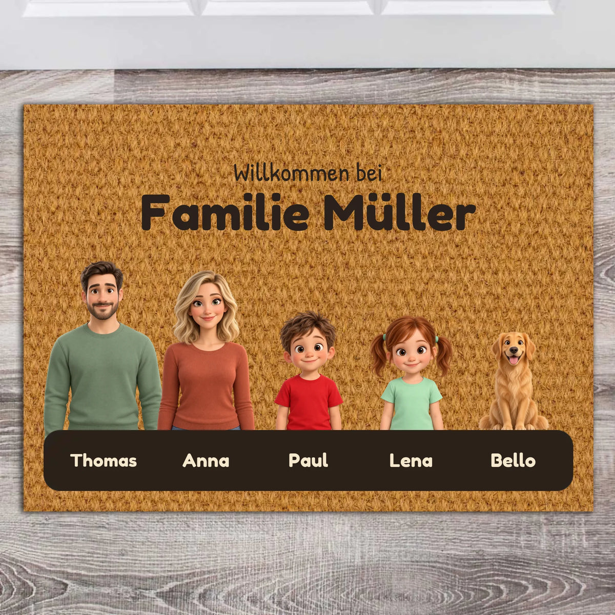 Personalisierte Familien-Fußmatte mit 3D-Cartoon-Familie, Namen und Hund vor der Haustür