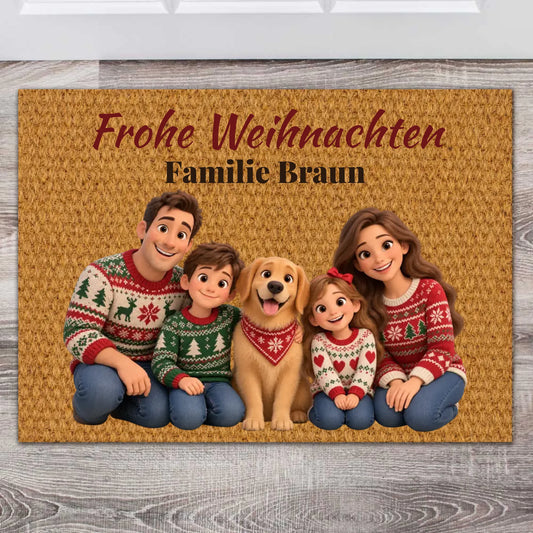 Familien Fußmatte Weihnachten personalisiert – Familie im Cartoon-Stil mit Familienname