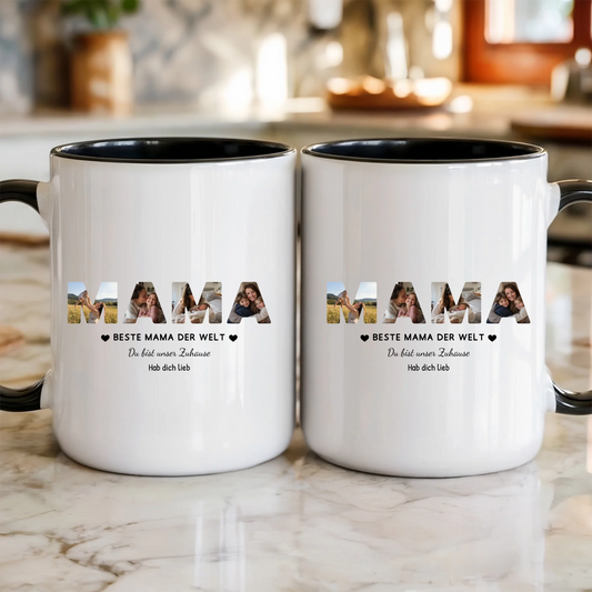 Mama Tasse mit 4 Fotos personalisiert – MAMA Fototasse mit Spruch und Grußzeile – beide Seiten der Tasse in der Küche