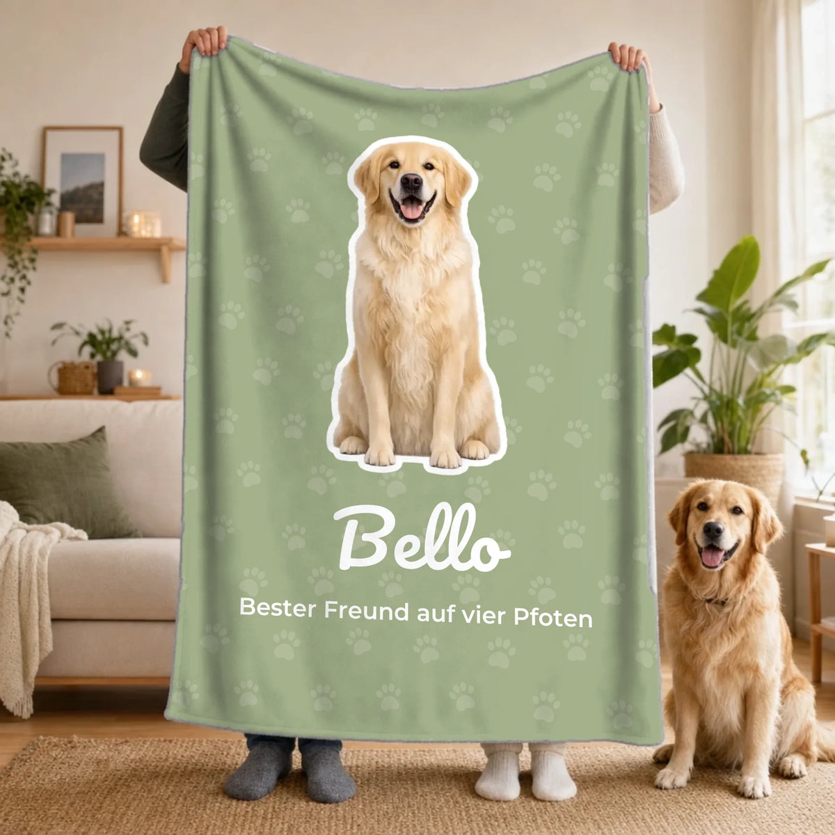 Personalisierte Haustier-Decke mit Foto und Name in den Händen gehalten – Premium-Plüsch 150x100 cm