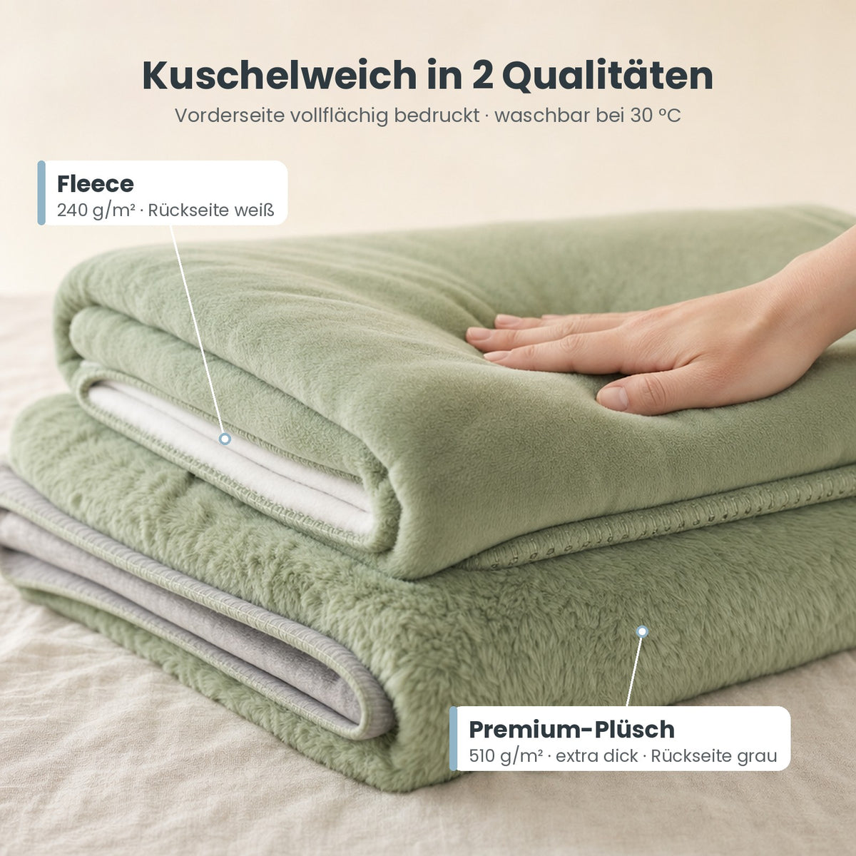 Materialvergleich Fleece und Premium-Plüsch der personalisierten Decke