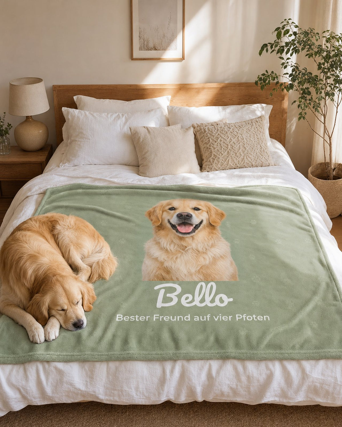 Hund schläft im Bett auf seiner personalisierten Kuscheldecke mit Foto und Name