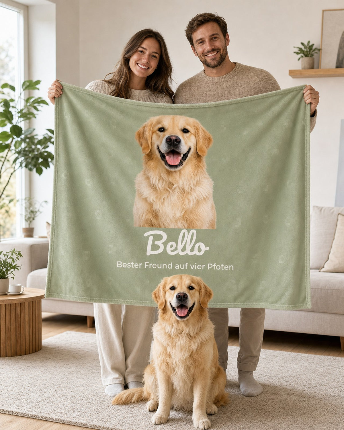Paar hält personalisierte Haustier-Kuscheldecke mit Hundefoto und Name im Wohnzimmer