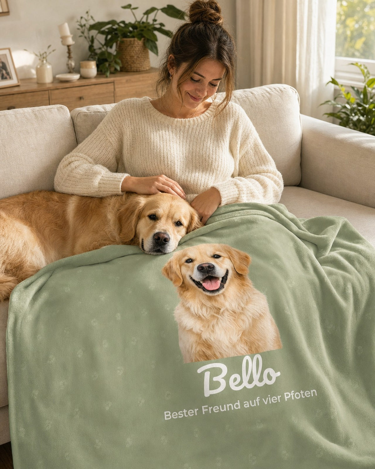 Kuscheln auf dem Sofa mit Hund und personalisierter Haustier-Decke