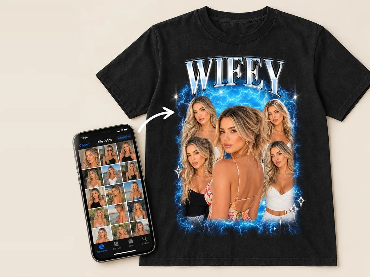 Schwarzes Vintage Bootleg T-Shirt WIFEY mit fünf eigenen Fotos neben Smartphone mit Fotogalerie