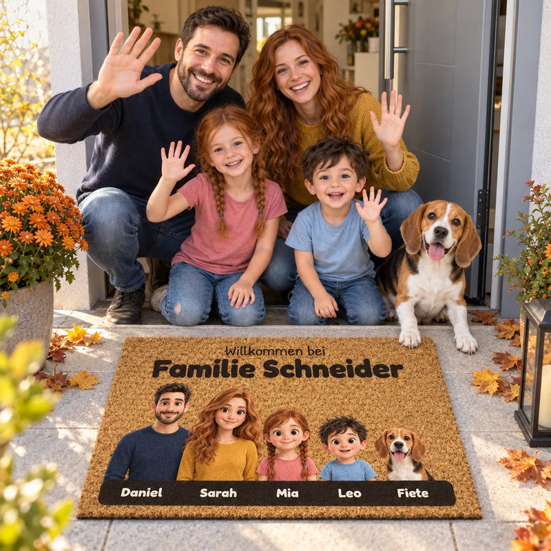 Familien 3D-Fußmatte personalisiert vor der herbstlichen Haustür mit Familie