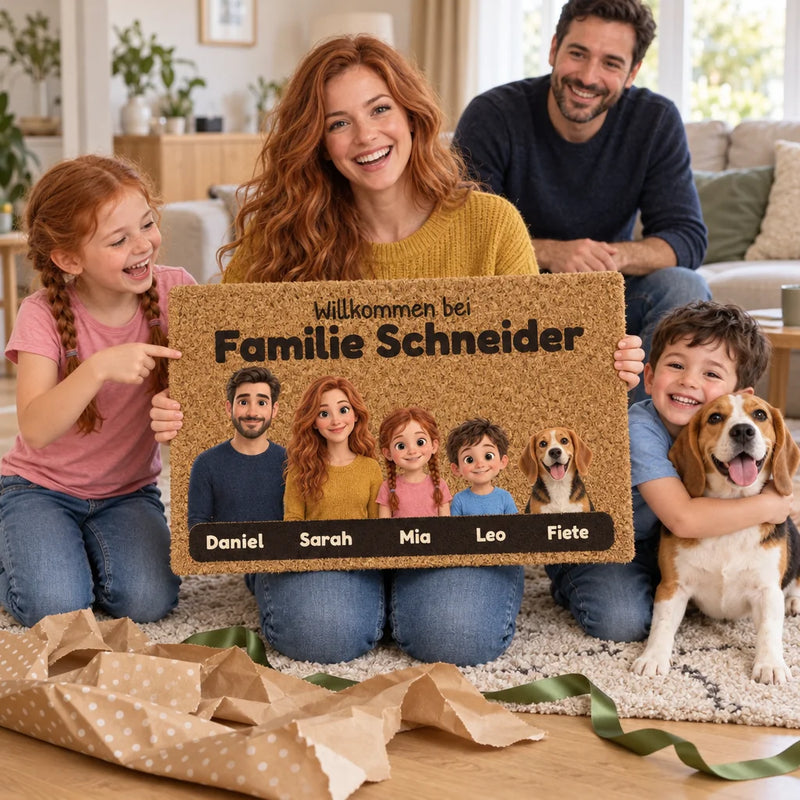 Personalisierte Familien 3D-Fußmatte als Geschenk beim Auspacken im Wohnzimmer