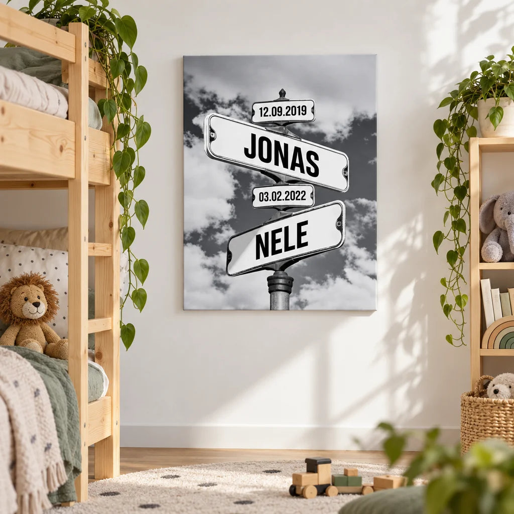 Straßenschild-Leinwand mit Kindernamen und Geburtsdaten im Kinderzimmer
