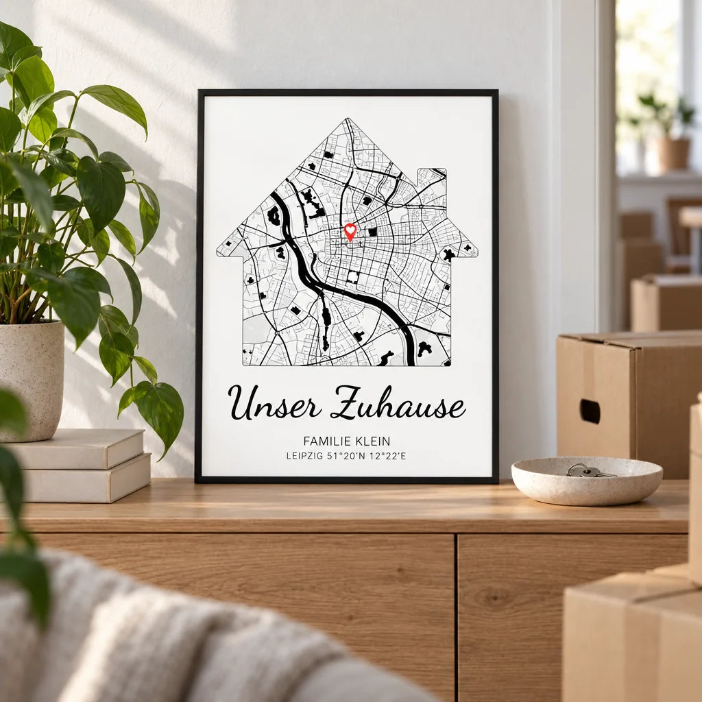 Unser Zuhause Poster mit Stadtkarte in Hausform nach dem Umzug