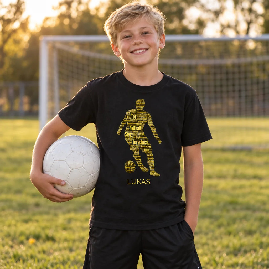 Fußballstar-T-Shirt mit Namen auf dem Bolzplatz
