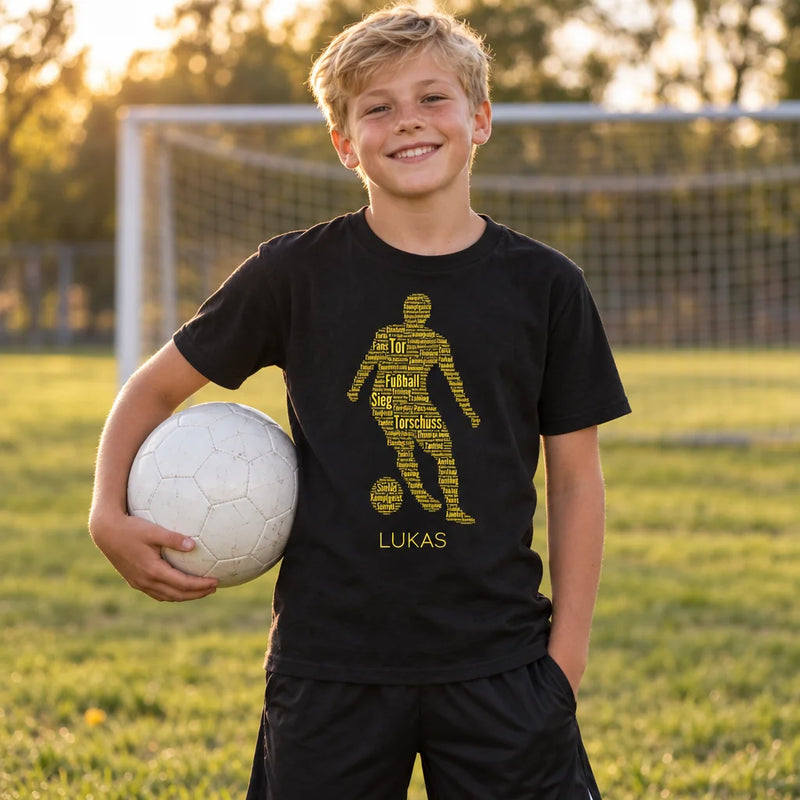 Fußballstar-T-Shirt mit Namen auf dem Bolzplatz