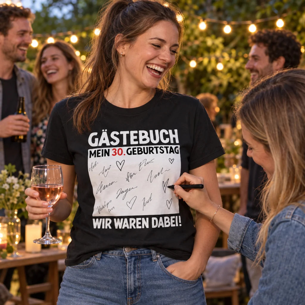 Gästebuch-T-Shirt zum 30. Geburtstag wird auf der Gartenparty unterschrieben