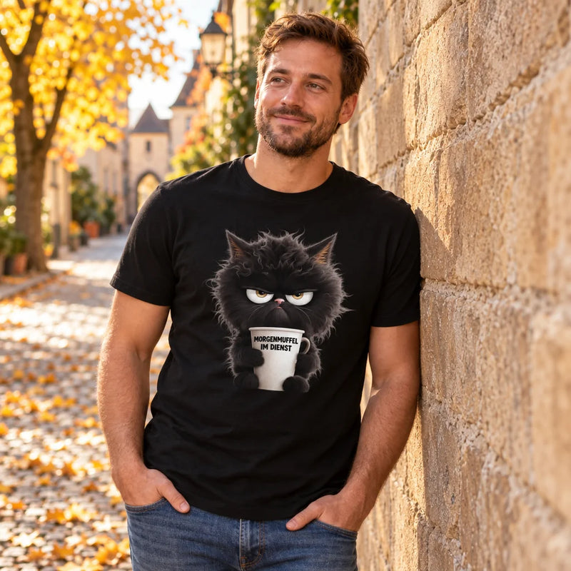Grumpy Cat T-Shirt mit Spruch Morgenmuffel im Dienst getragen