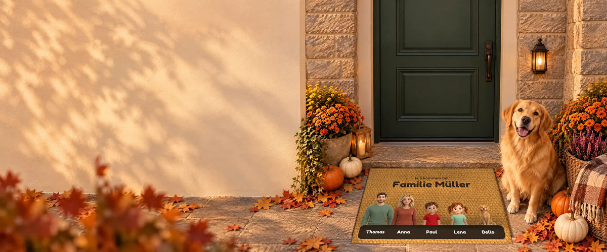 Personalisierte 3D-Cartoon-Familien-Fußmatte vor einer herbstlich dekorierten Haustür, daneben ein Golden Retriever