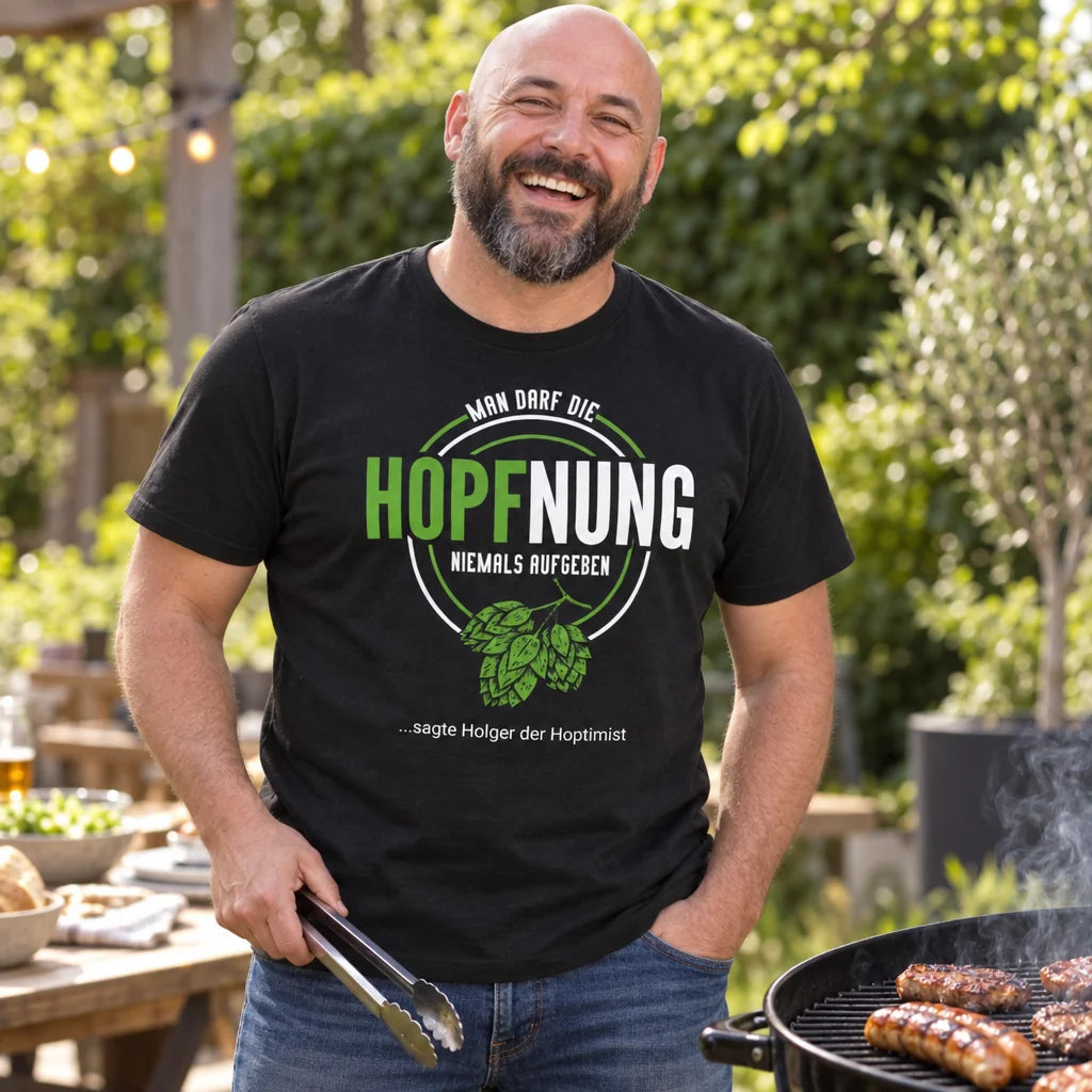 Hopfnung T-Shirt mit Namen beim Grillen