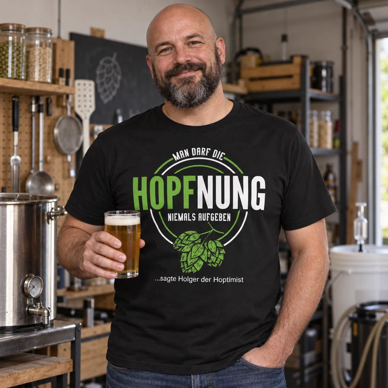 Mann im personalisierten Hopfnung T-Shirt beim Heimbrauen