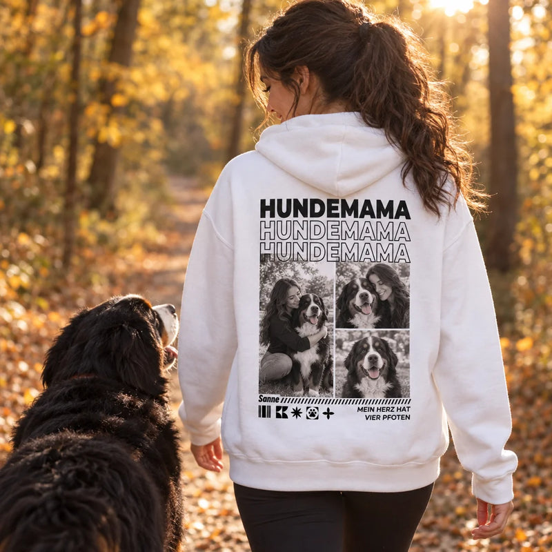 Hundemama-Hoodie mit Fotos und Rückendruck auf dem Waldweg mit Hund