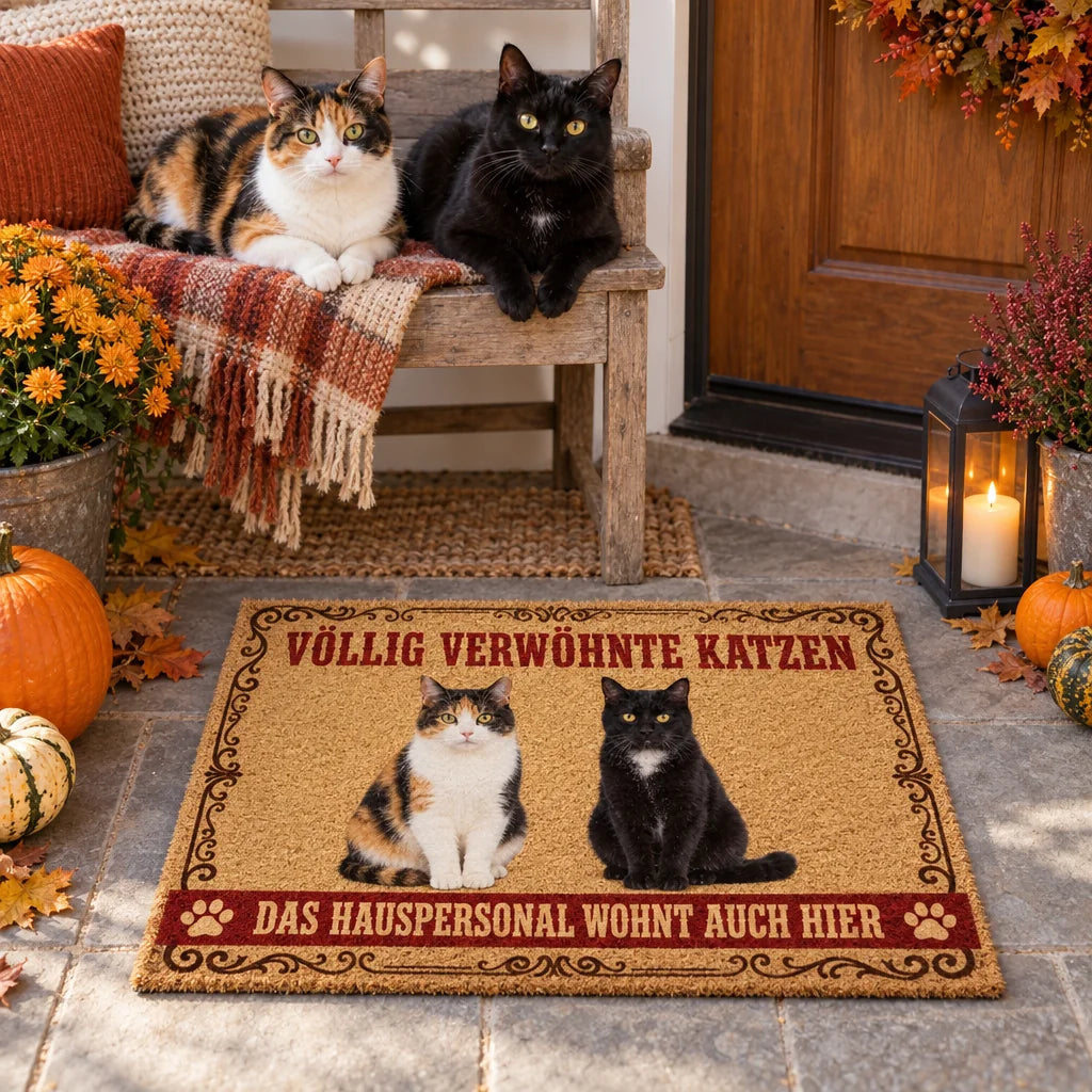Katzen-Fußmatte mit Fotos im herbstlichen Eingang mit Katzen auf der Bank