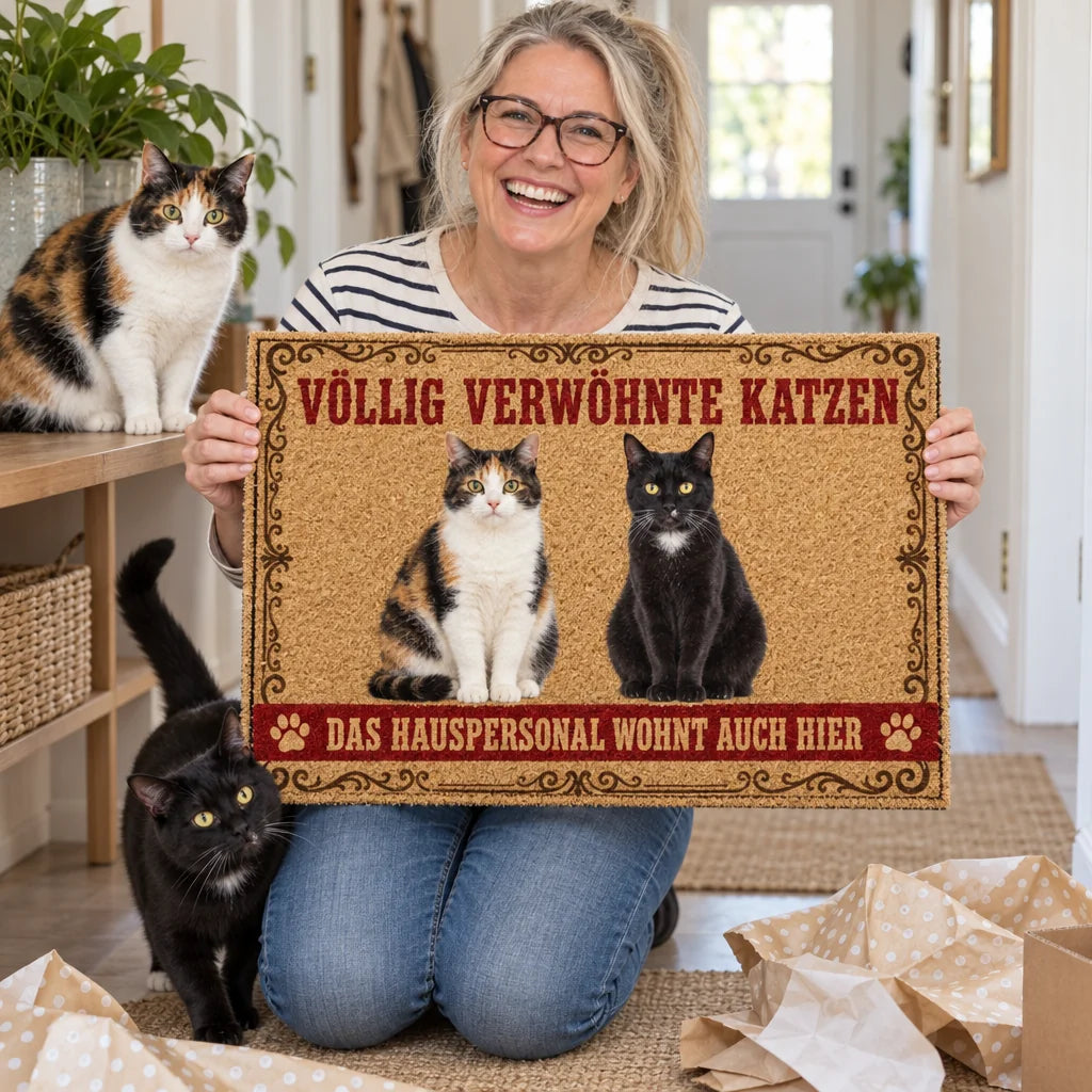 Frau hält personalisierte Katzen-Fußmatte, Katzen daneben