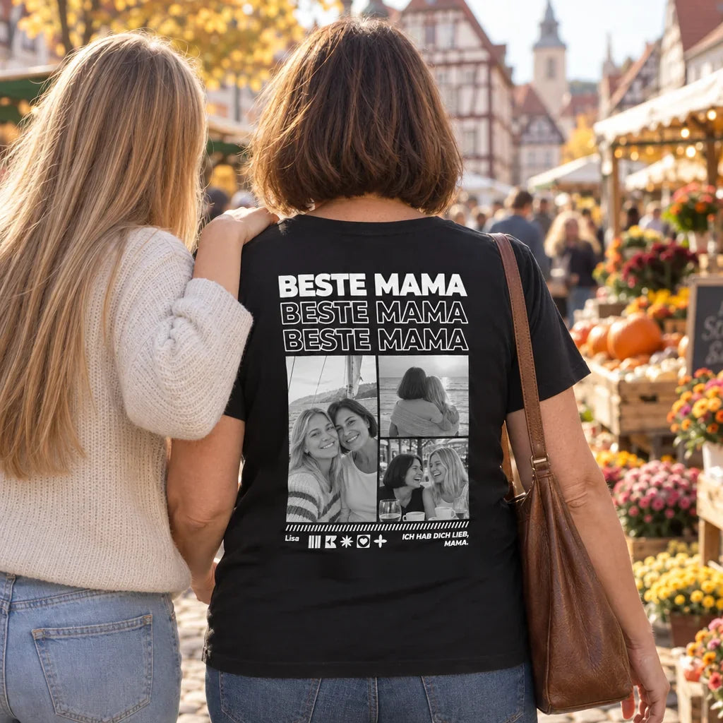 Mama T-Shirt mit Fotos auf dem Rücken – Mutter und Tochter auf dem Markt