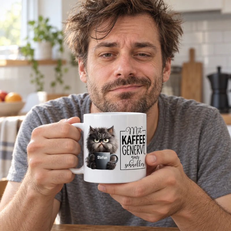 Mit Kaffee genervt Tasse personalisiert im Einsatz