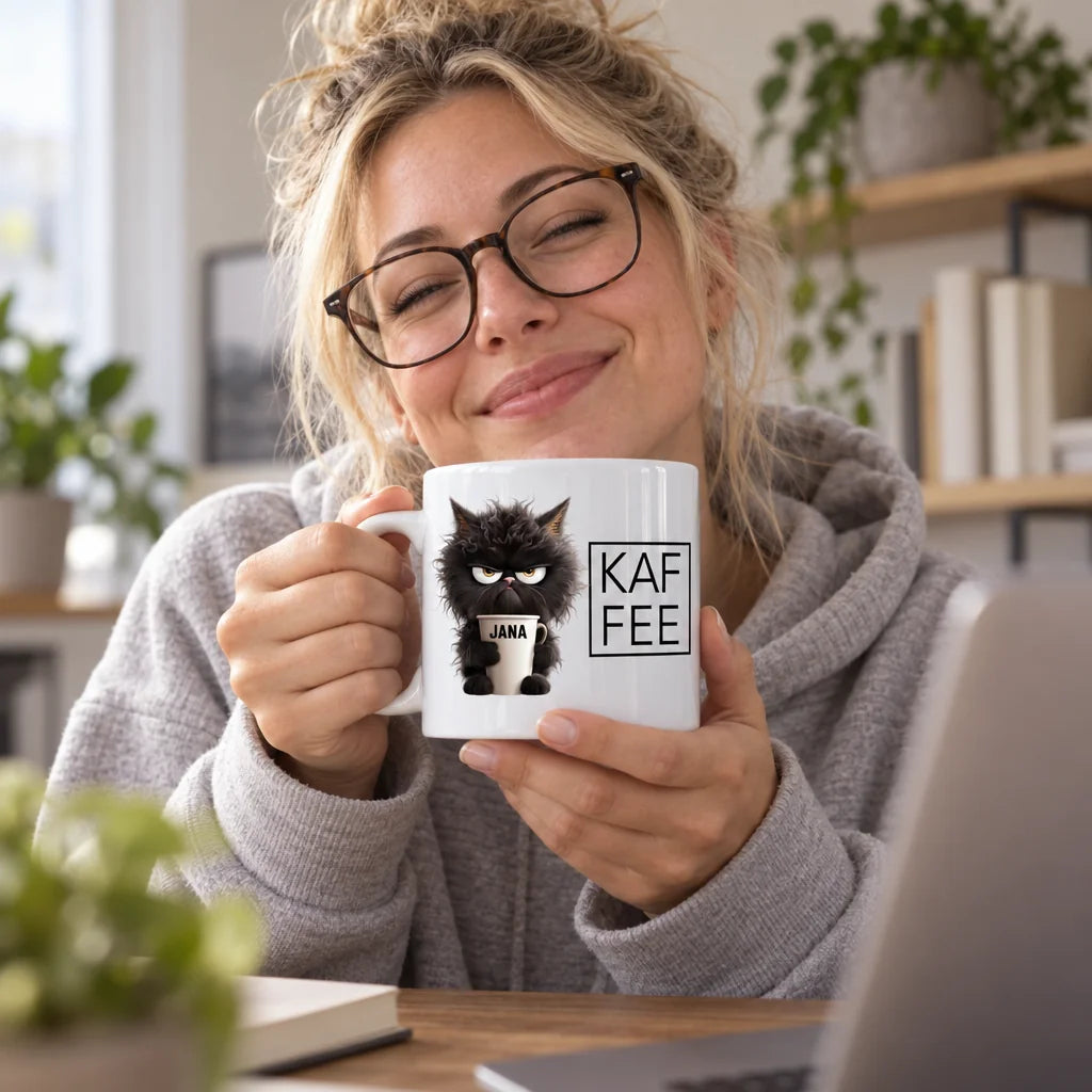 Morgenmuffel Katzen-Tasse personalisiert im Einsatz