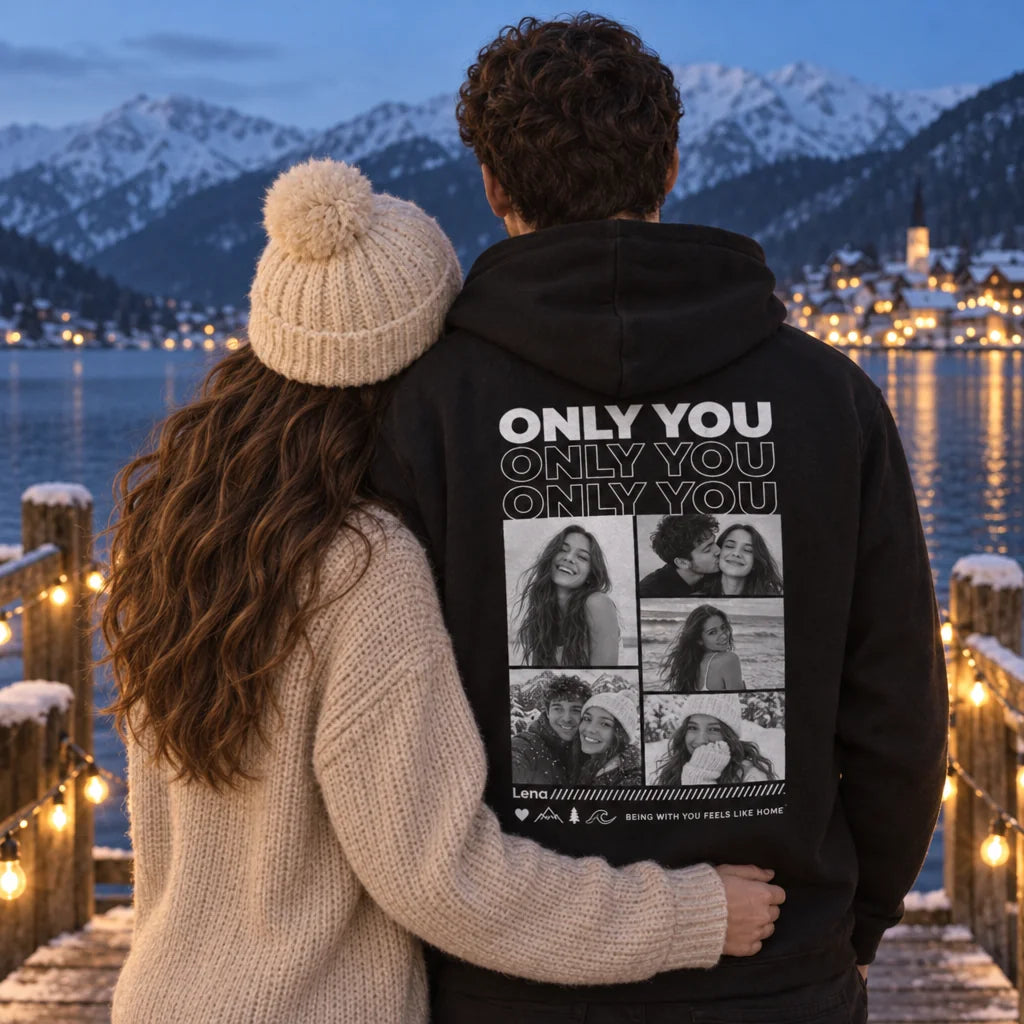 Only You Hoodie mit Fotos der Freundin – Paar am verschneiten See von hinten