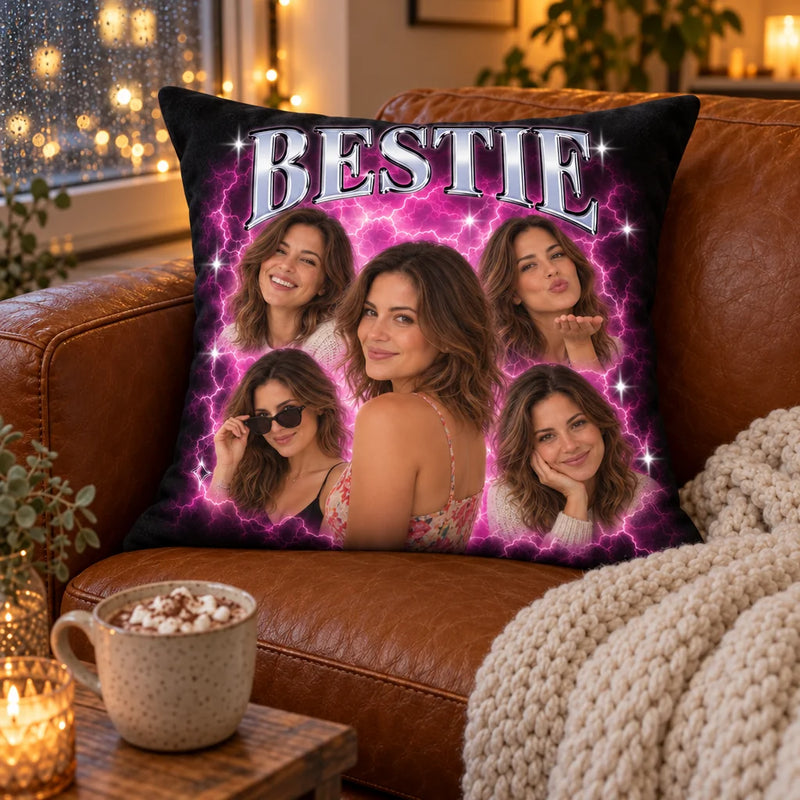 Personalisiertes Vintage Bootleg Kissen auf dem Ledersofa