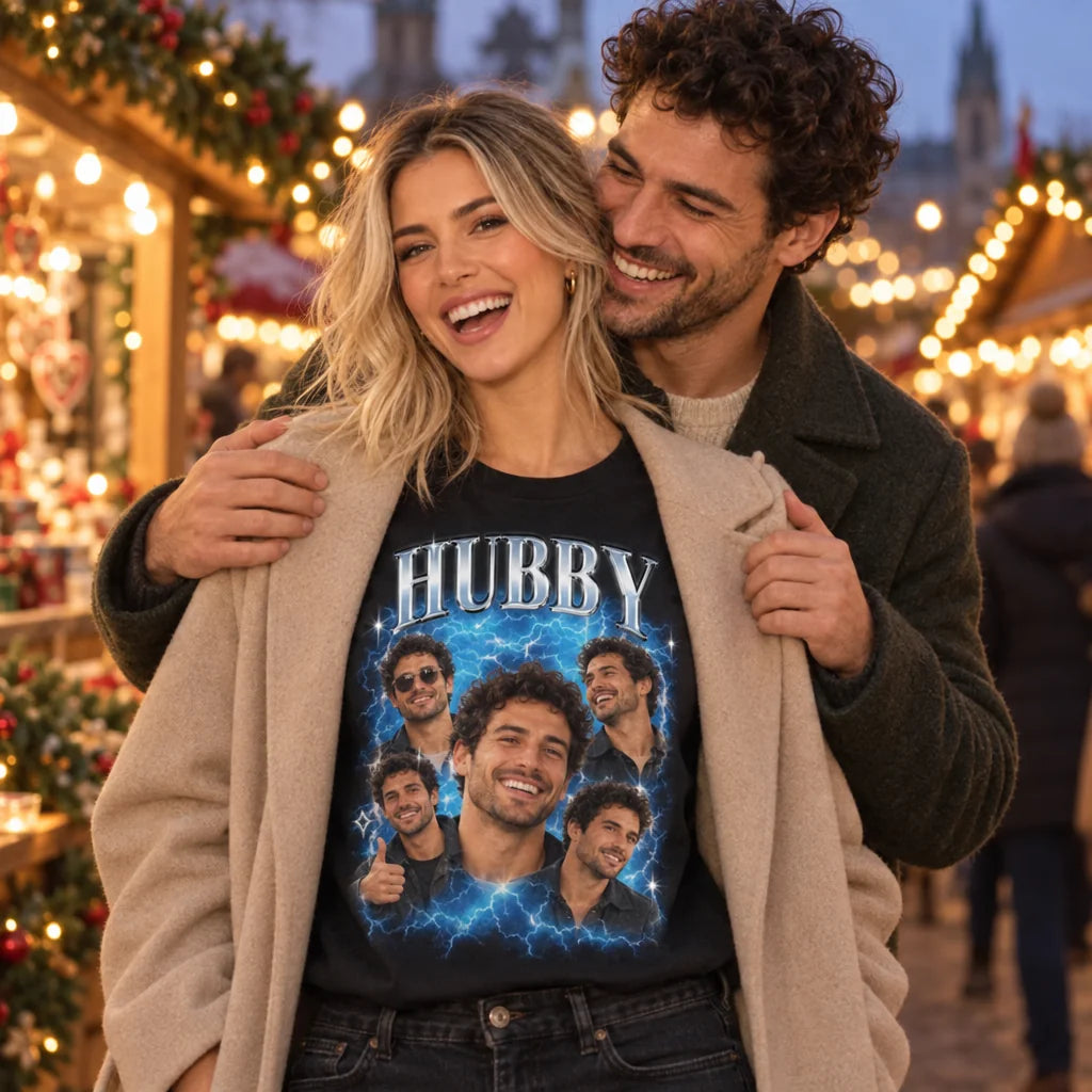 Paar mit personalisiertem Vintage Bootleg T-Shirt HUBBY mit eigenen Fotos