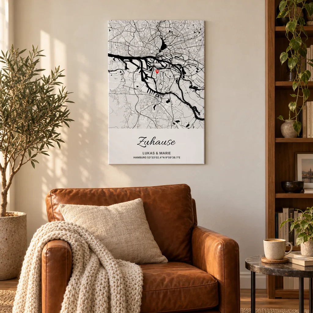 Zuhause Leinwand personalisiert mit Namen und Koordinaten im Wohnzimmer