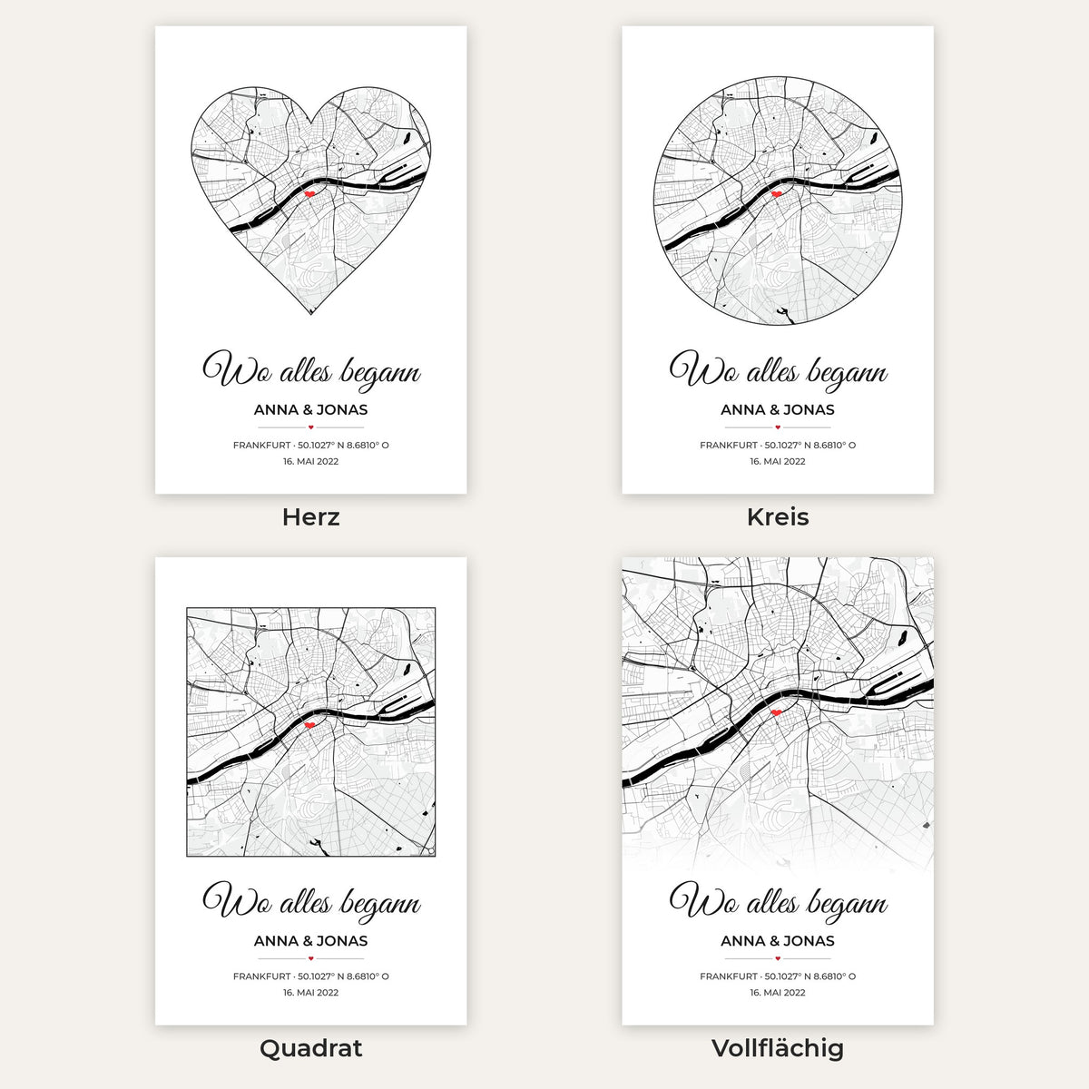 Wo alles begann Poster – alle 4 Kartenformen im Überblick: Herz, Kreis, Quadrat und vollflächig