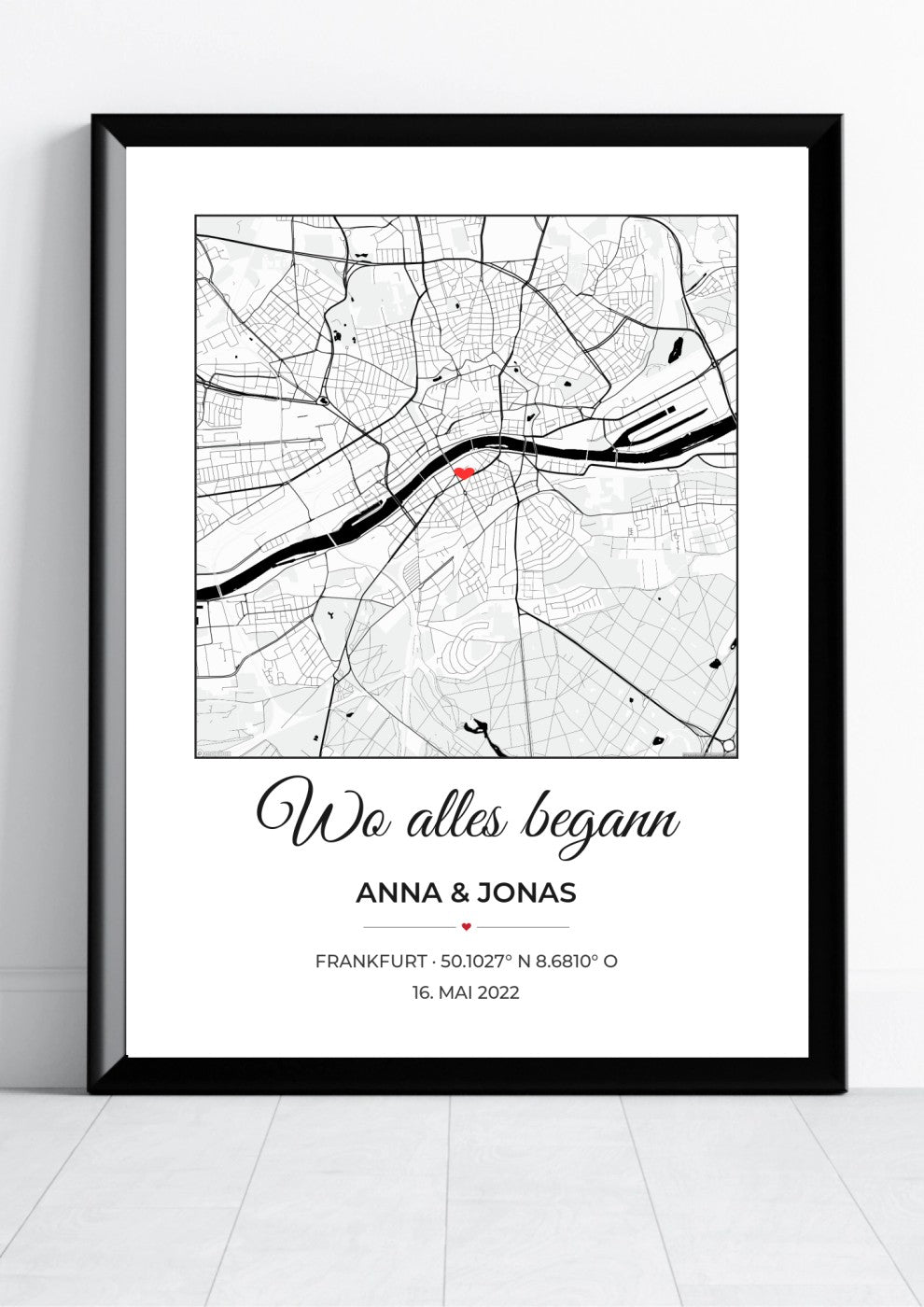 Wo alles begann Poster mit quadratischer Stadtkarte im schwarzen Rahmen