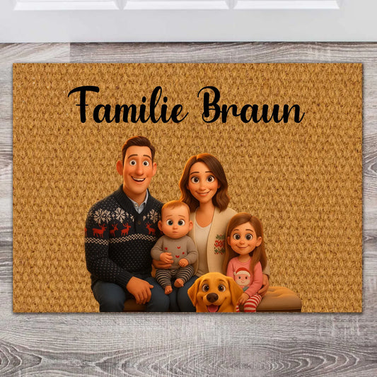 Familien Fußmatte Weihnachten – Personalisiert mit Foto im Cartoon-Stil
