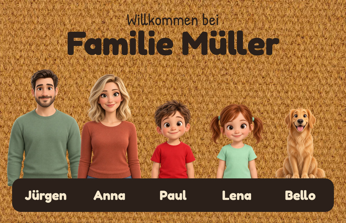Familien Fußmatte 3D-Cartoon mit Namen: Willkommen bei Familie Müller mit Papa, Mama, zwei Kindern und Hund