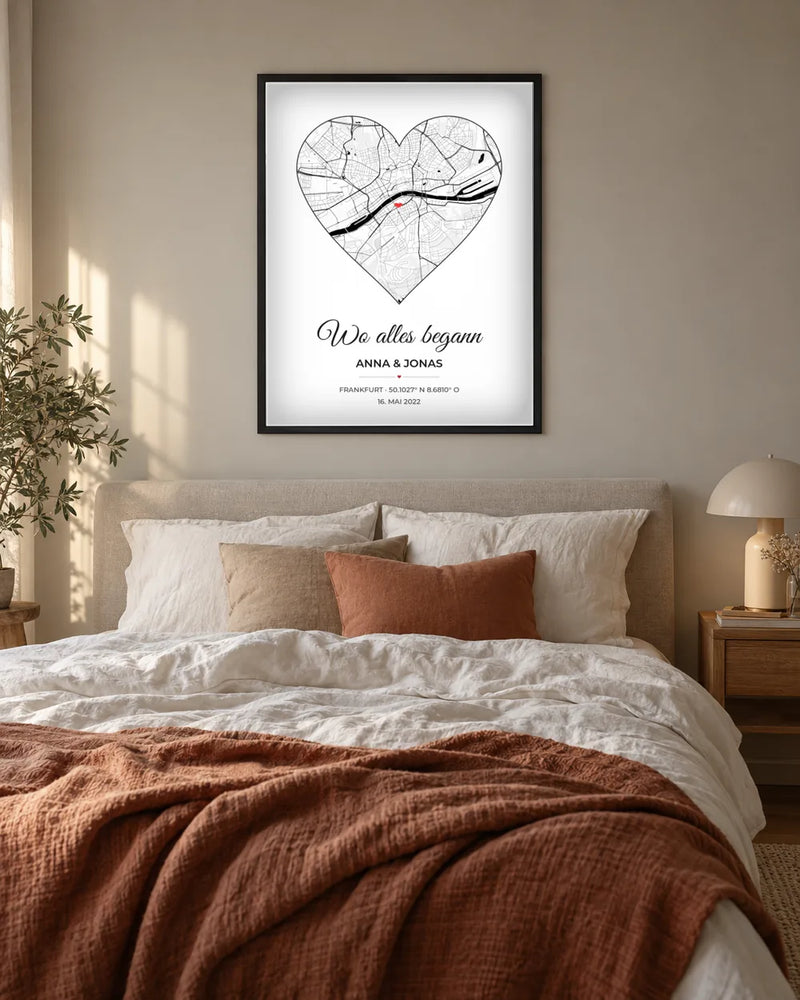 Wo alles begann Poster mit Koordinaten über dem Bett im Schlafzimmer